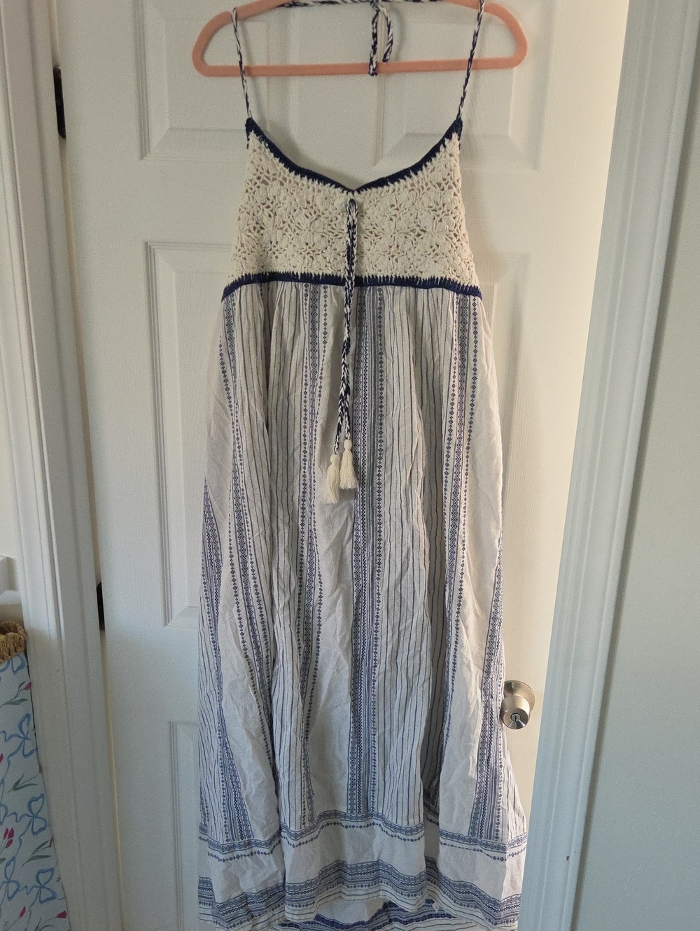 Lucky Brand NWT Boho Blue White Embroidered Smocked Tiered Maxi Dress XXL